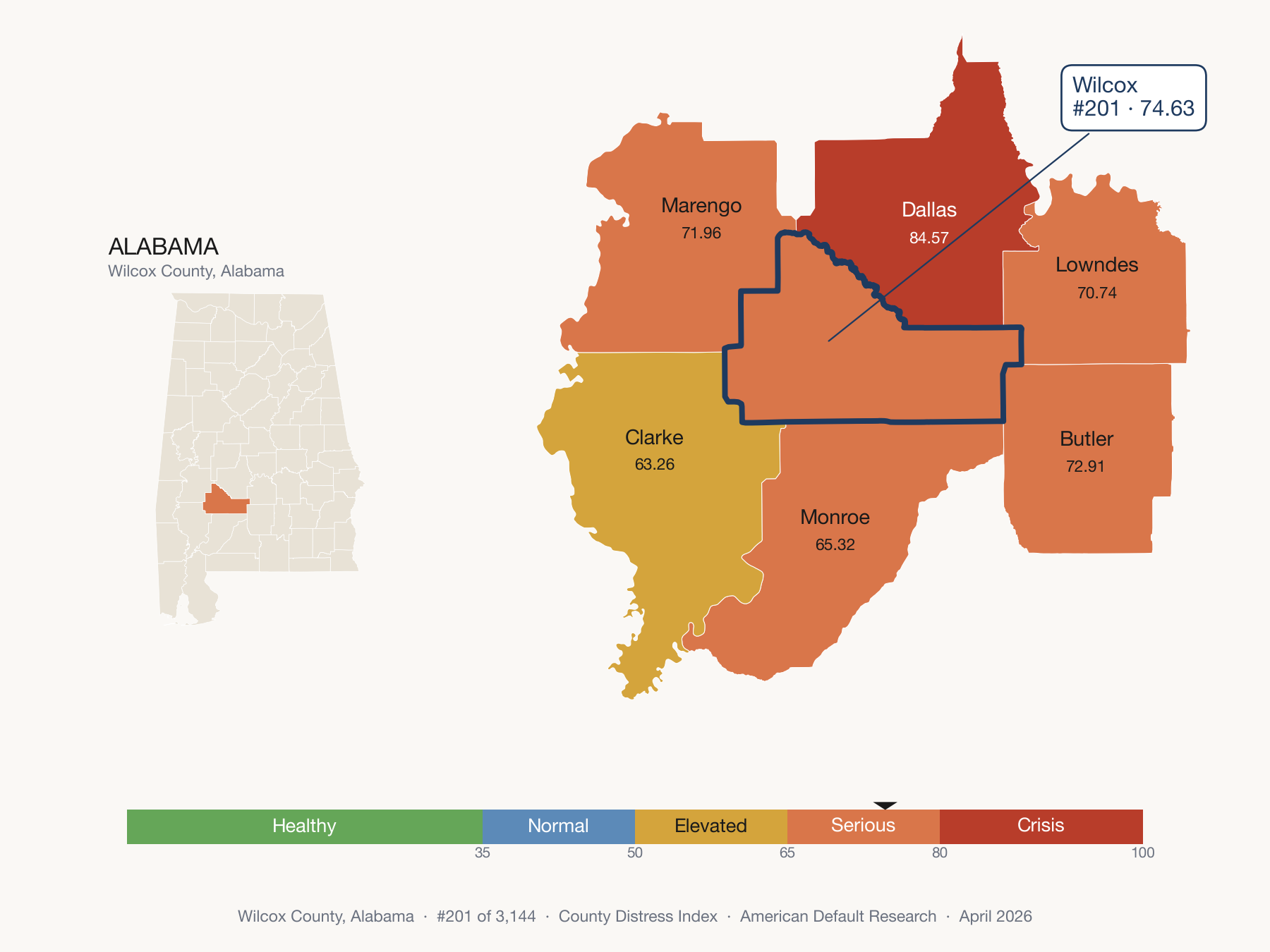 County Distress Index cluster map. Wilcox County, Alabama and its neighbors colored by distress fifth.