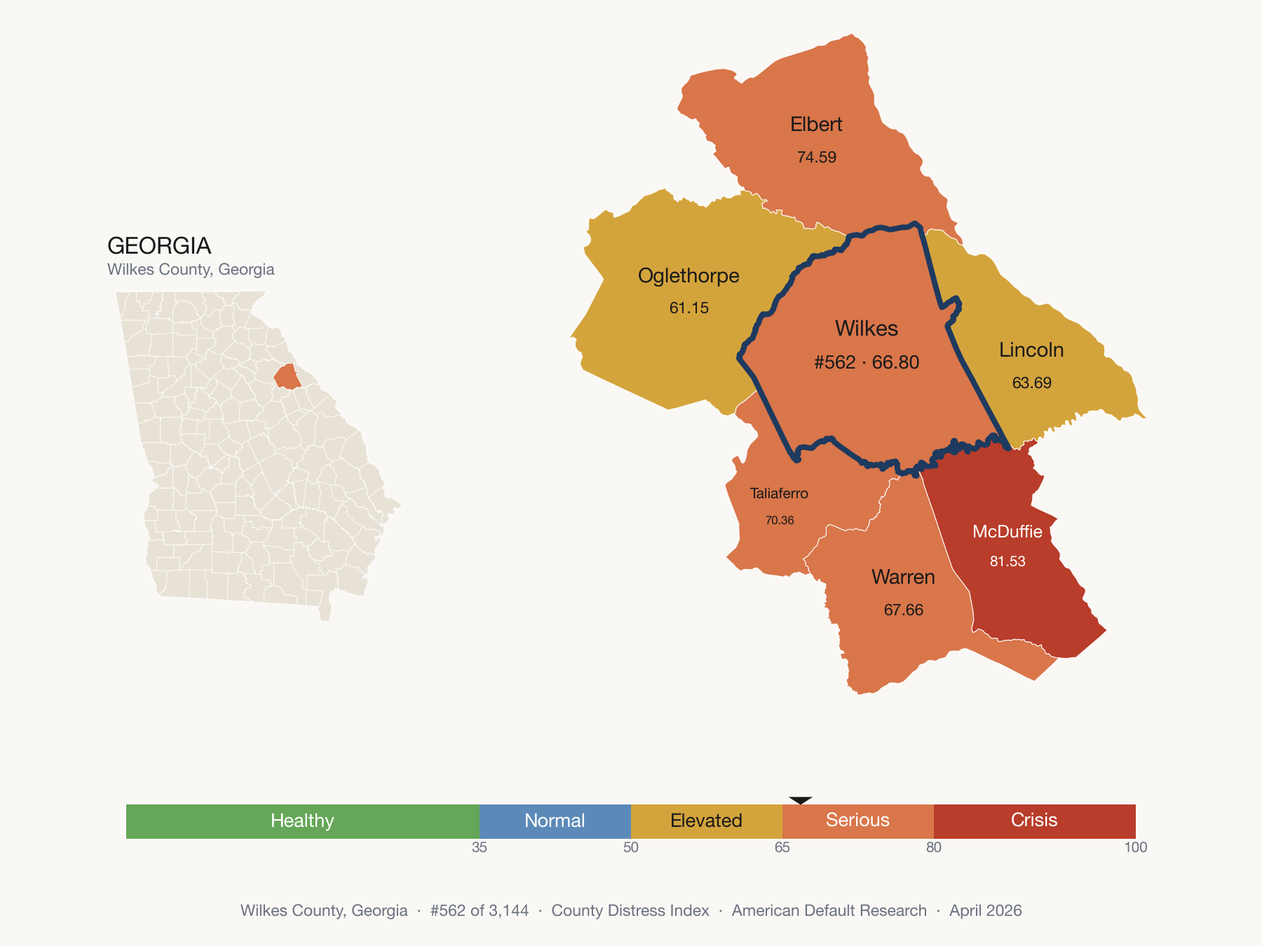 County Distress Index cluster map. Wilkes County, Georgia and its neighbors colored by distress fifth.