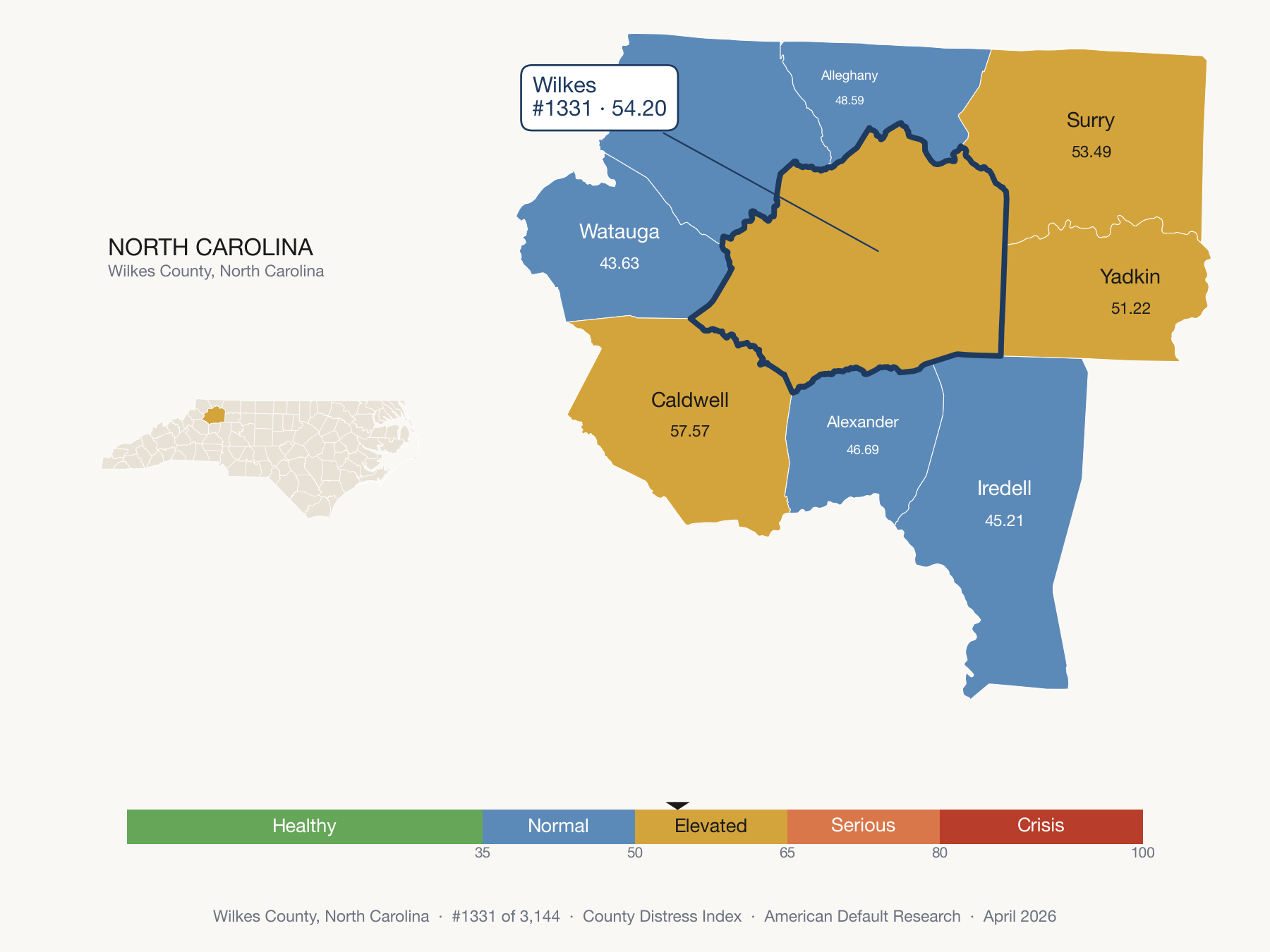 County Distress Index cluster map. Wilkes County, North Carolina and its neighbors colored by distress fifth.