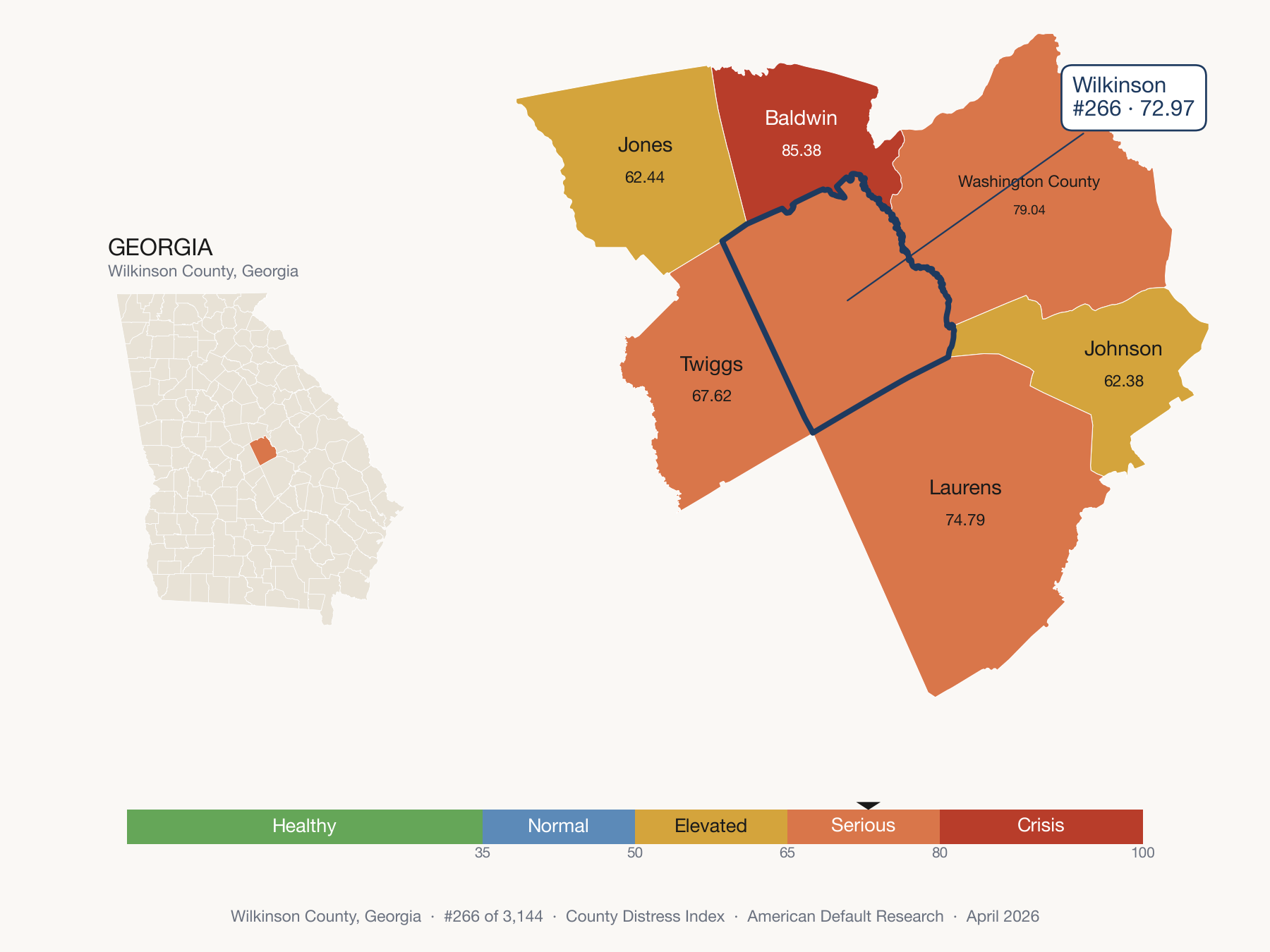 County Distress Index cluster map. Wilkinson County, Georgia and its neighbors colored by distress fifth.