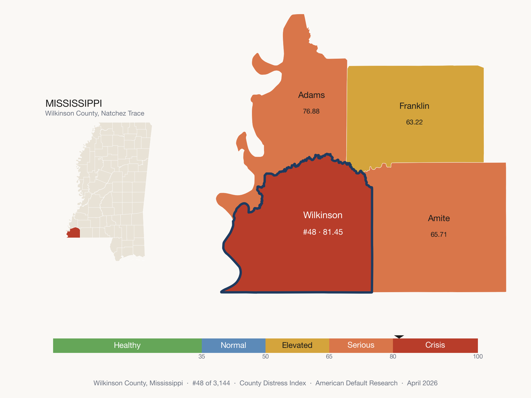 County Distress Index cluster map. Wilkinson County, Mississippi and its neighbors colored by distress fifth.