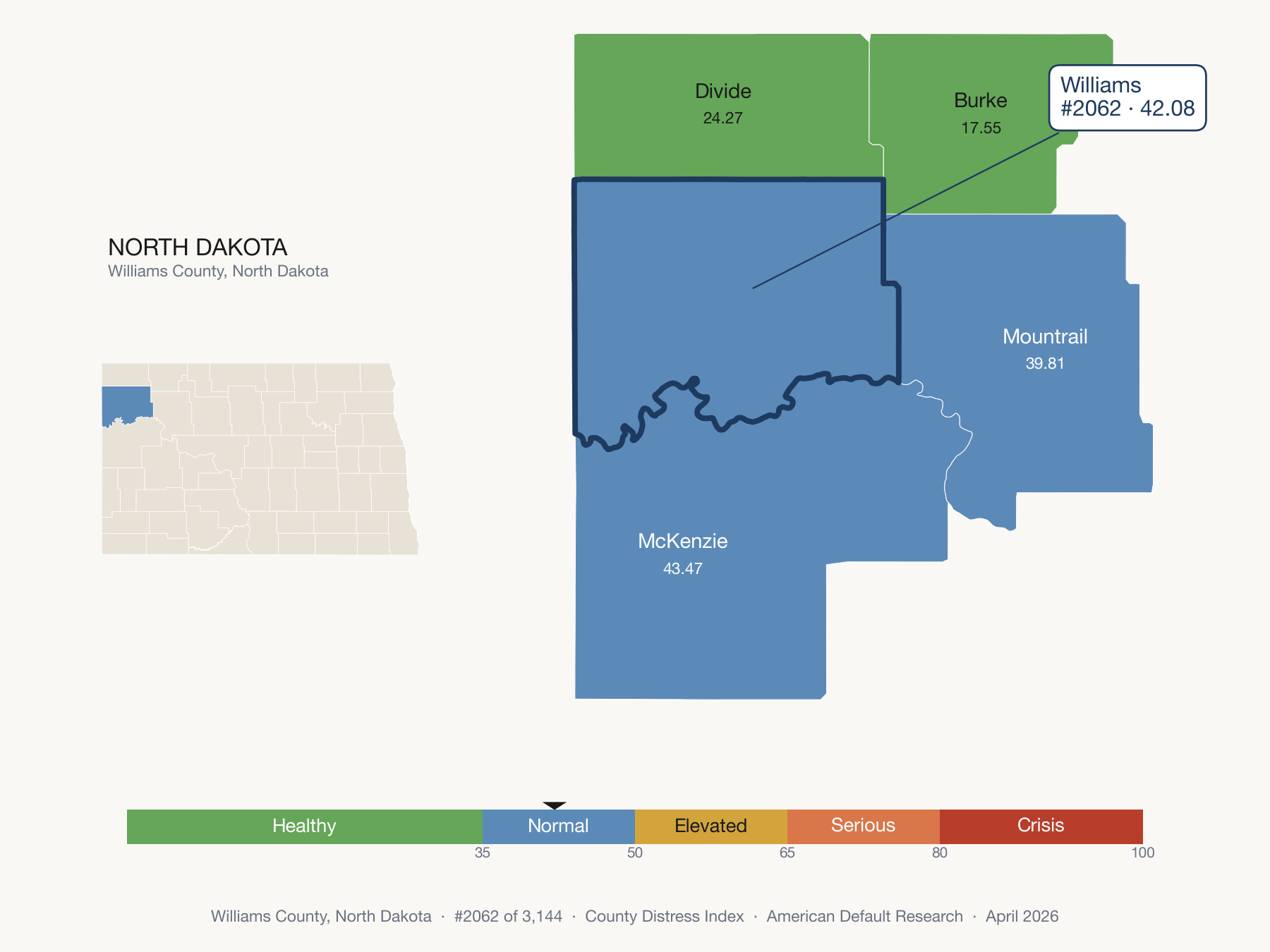 County Distress Index cluster map. Williams County, North Dakota and its neighbors colored by distress fifth.