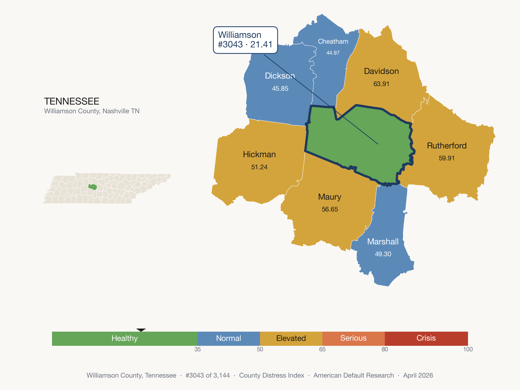 County Distress Index cluster map. Williamson County, Tennessee and its neighbors colored by distress fifth.