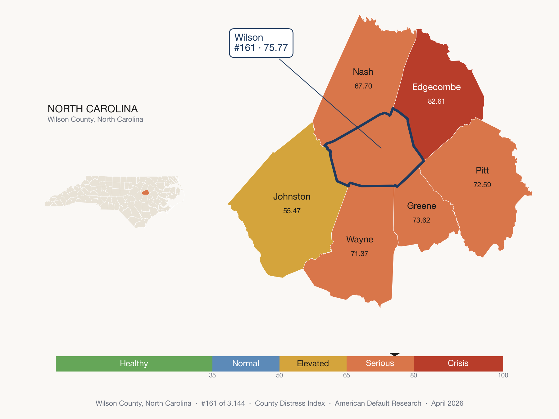 County Distress Index cluster map. Wilson County, North Carolina and its neighbors colored by distress fifth.
