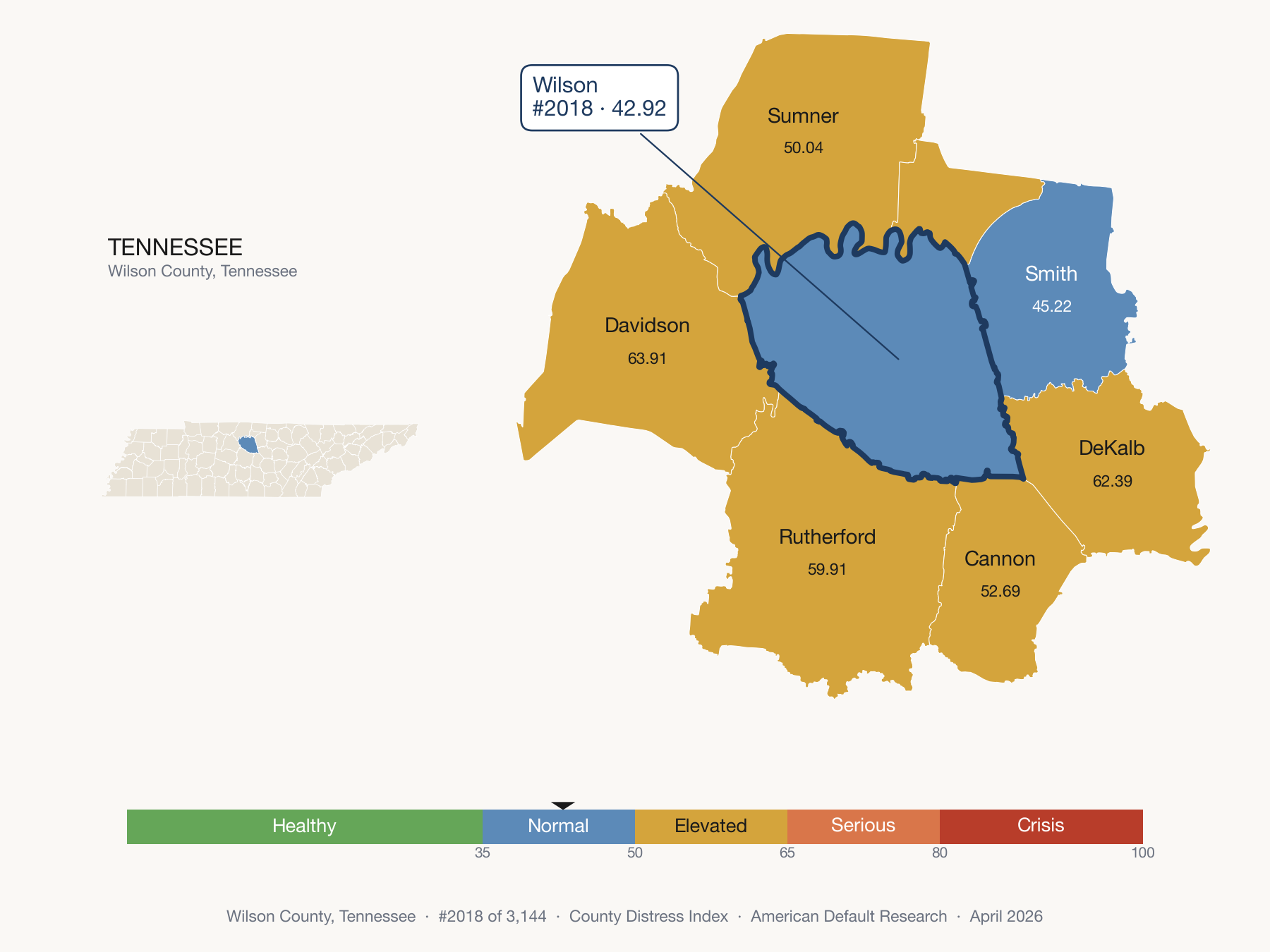 County Distress Index cluster map. Wilson County, Tennessee and its neighbors colored by distress fifth.