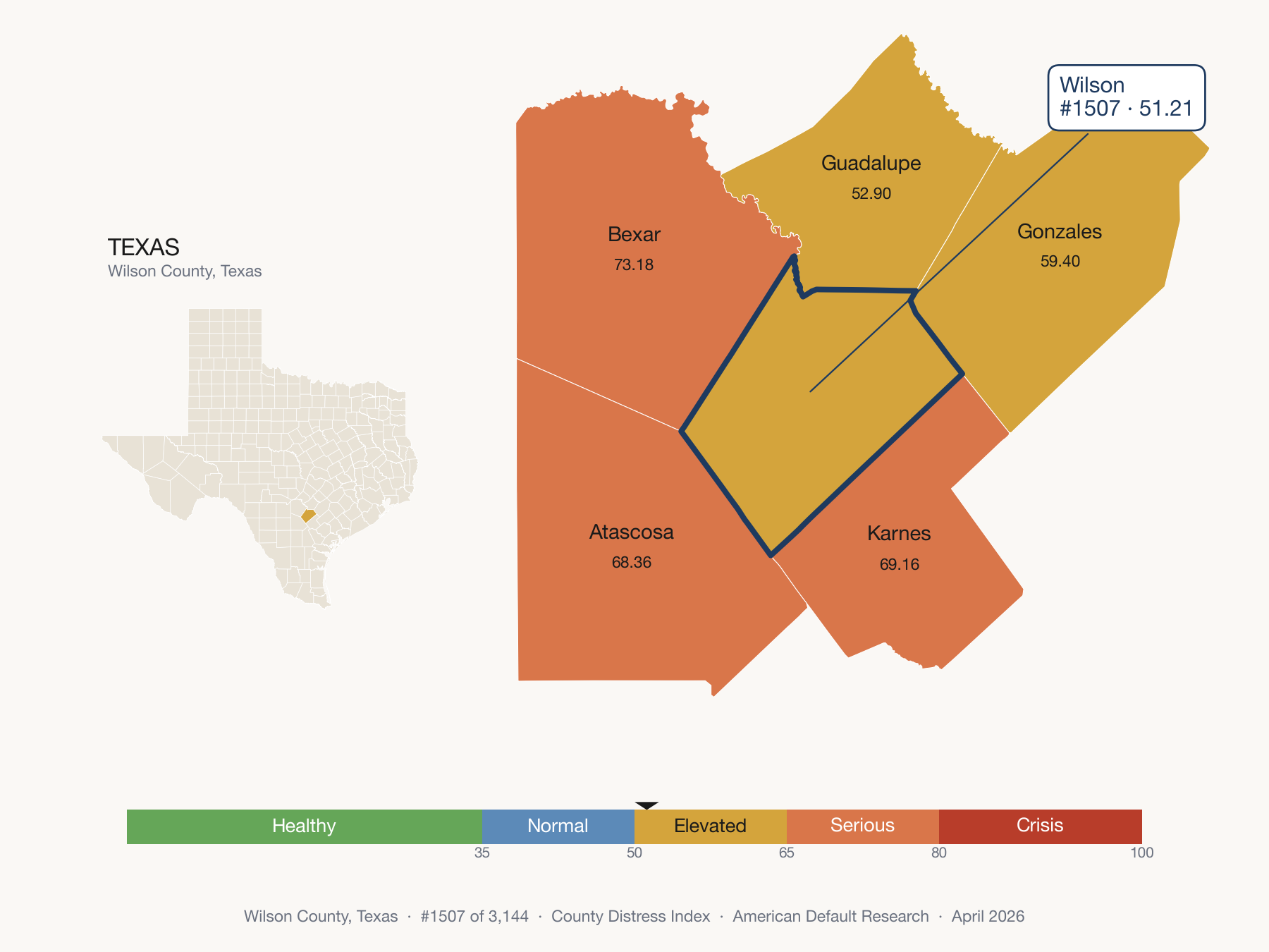 County Distress Index cluster map. Wilson County, Texas and its neighbors colored by distress fifth.