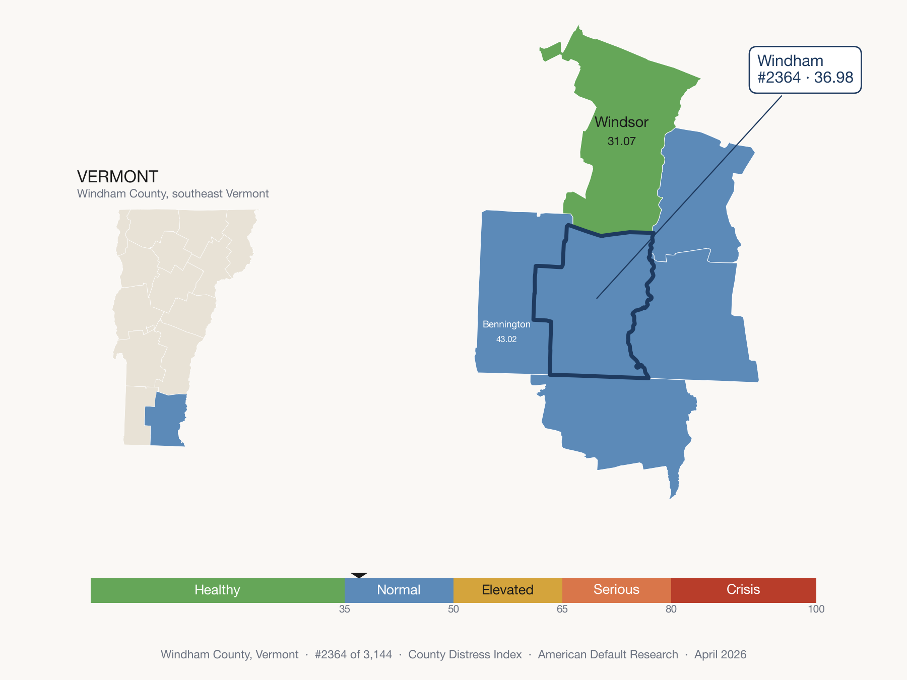 County Distress Index cluster map. Windham County, Vermont and its neighbors colored by distress fifth.