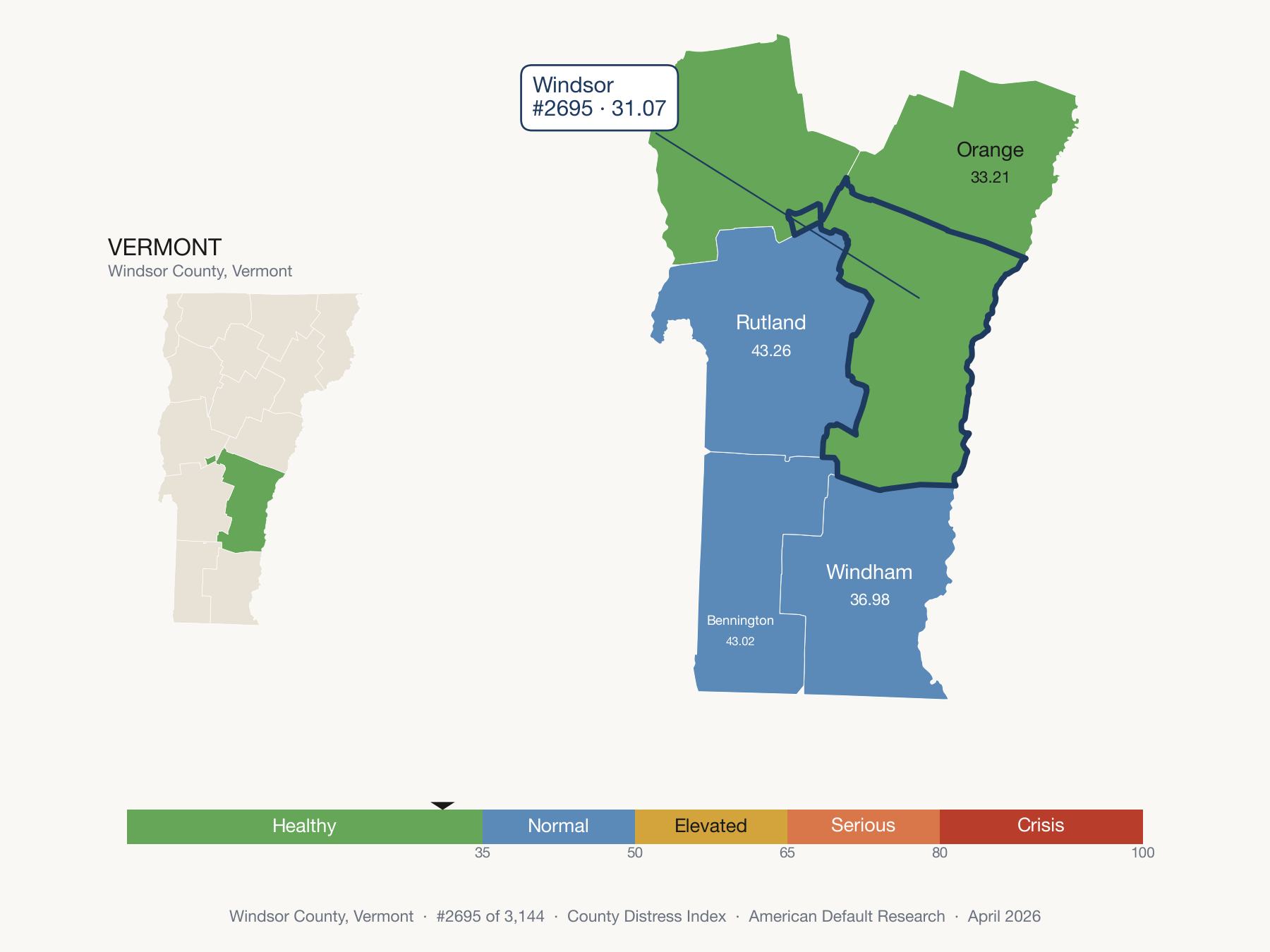 County Distress Index cluster map. Windsor County, Vermont and its neighbors colored by distress fifth.