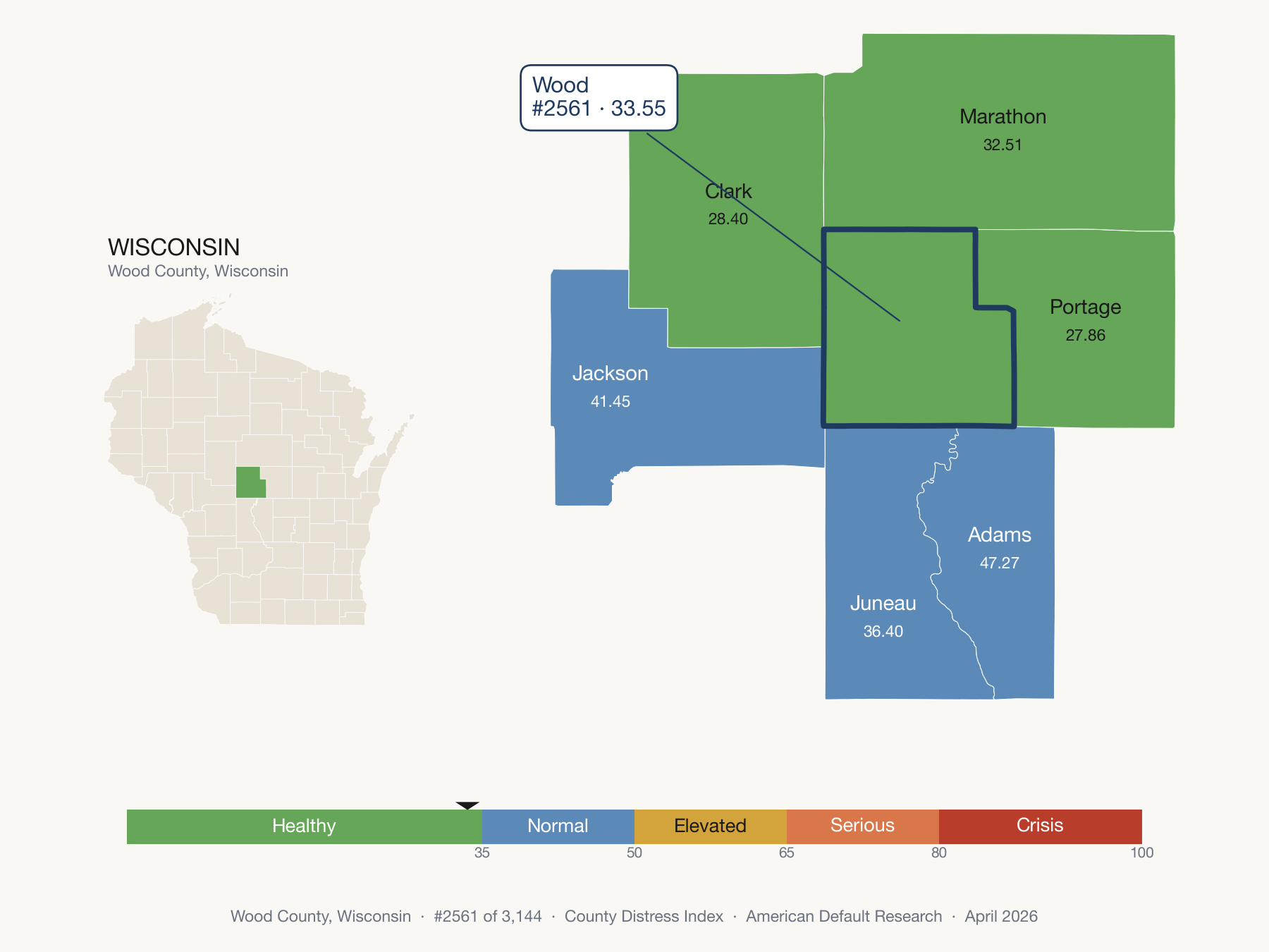 County Distress Index cluster map. Wood County, Wisconsin and its neighbors colored by distress fifth.