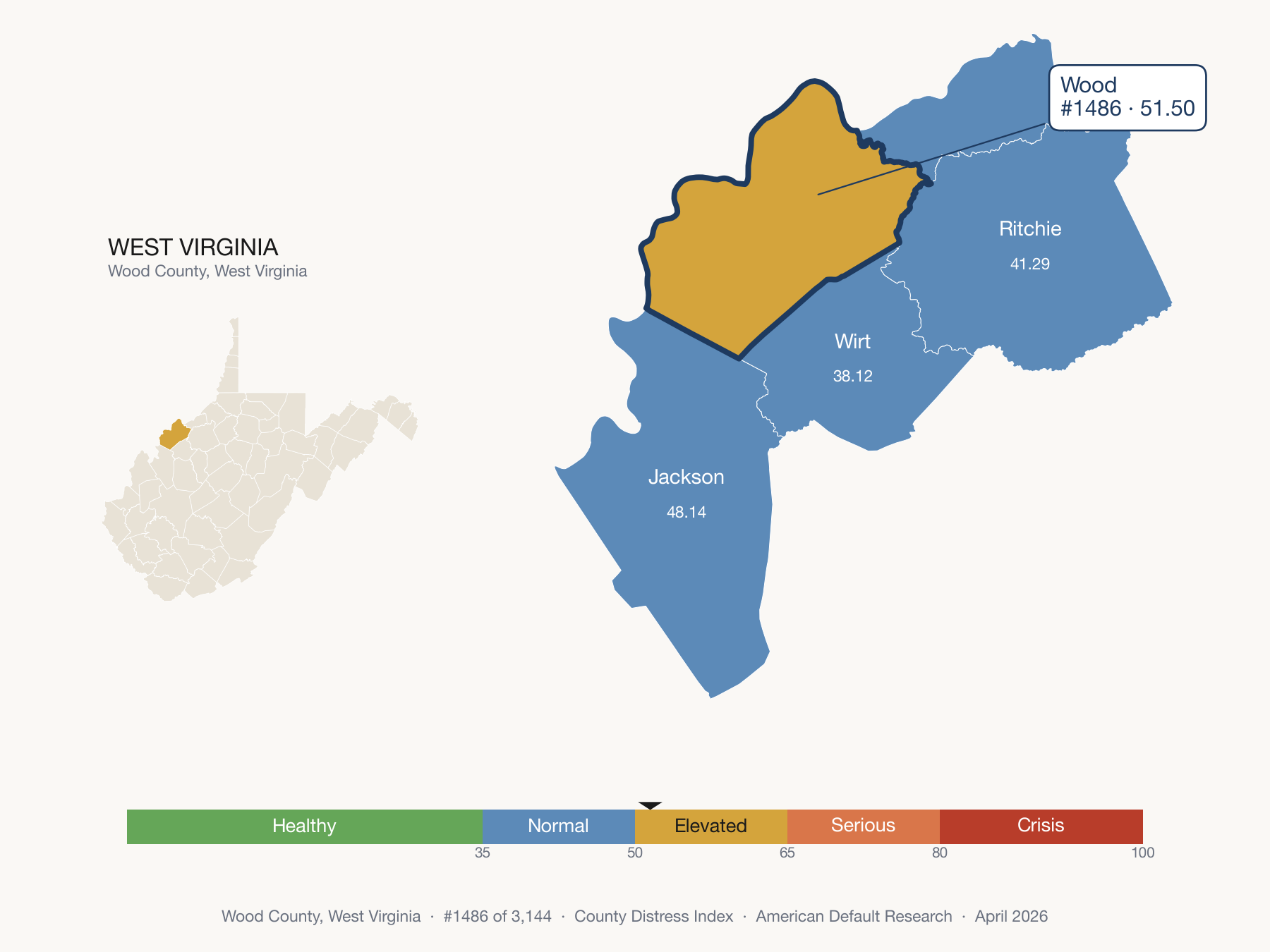 County Distress Index cluster map. Wood County, West Virginia and its neighbors colored by distress fifth.