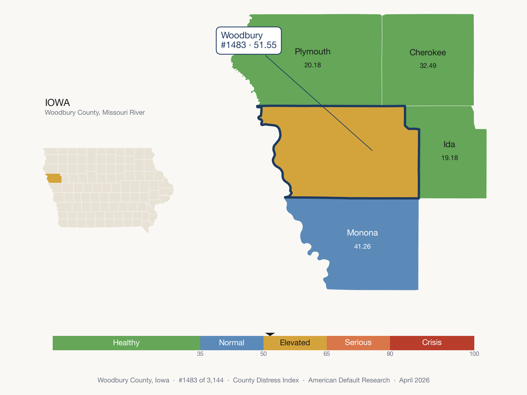 County Distress Index cluster map. Woodbury County, Iowa and its neighbors colored by distress fifth.