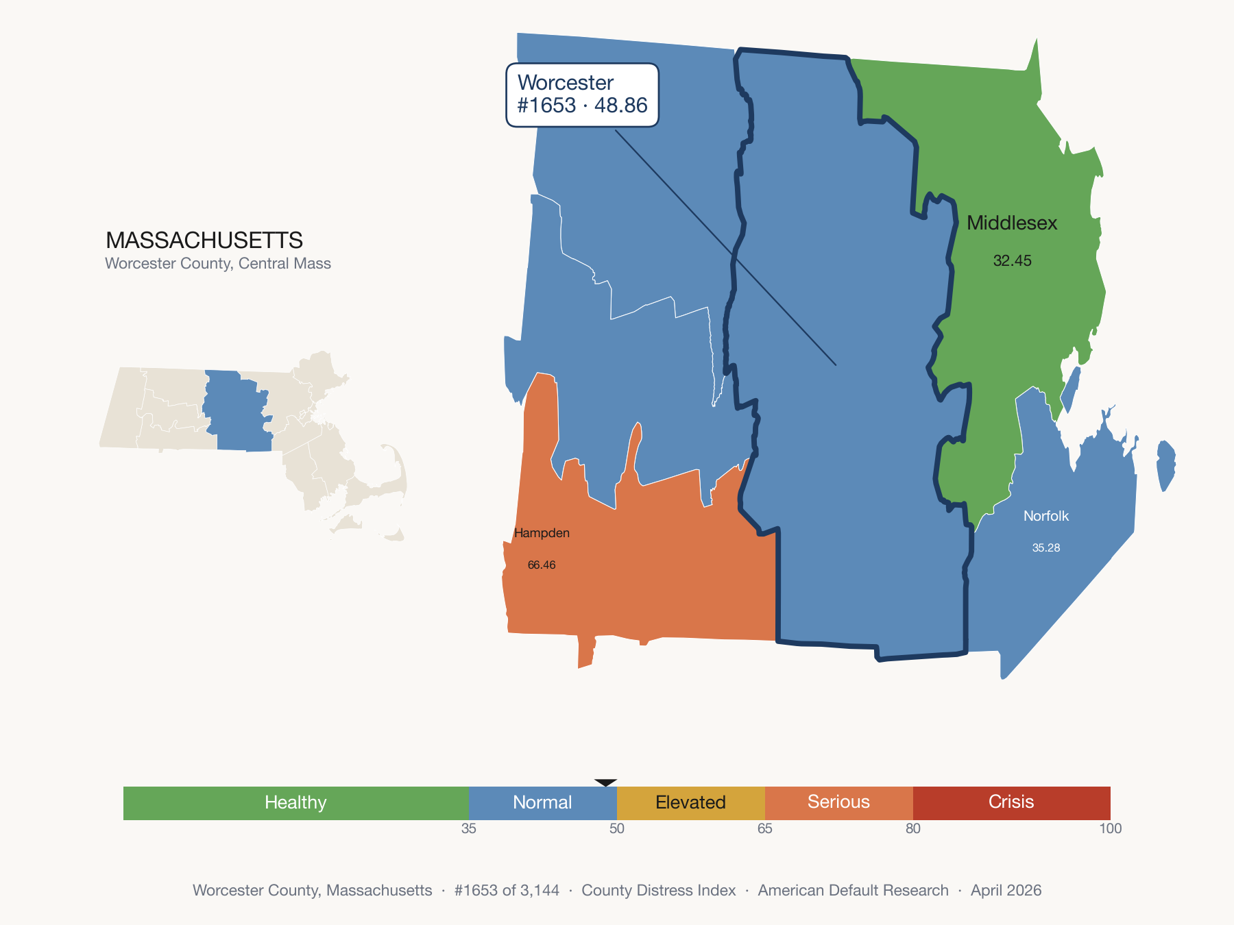 County Distress Index cluster map. Worcester County, Massachusetts and its neighbors colored by distress fifth.