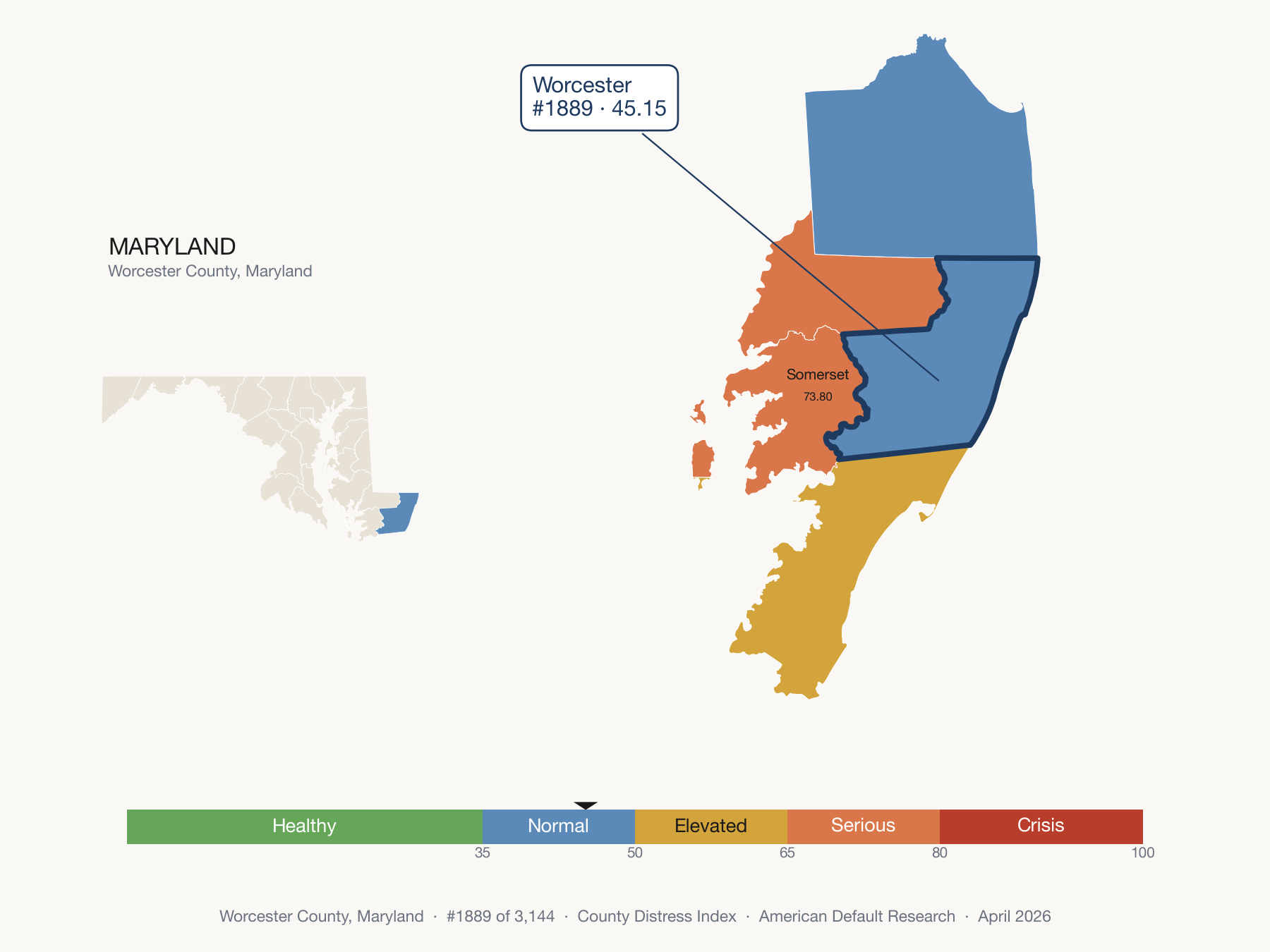 County Distress Index cluster map. Worcester County, Maryland and its neighbors colored by distress fifth.