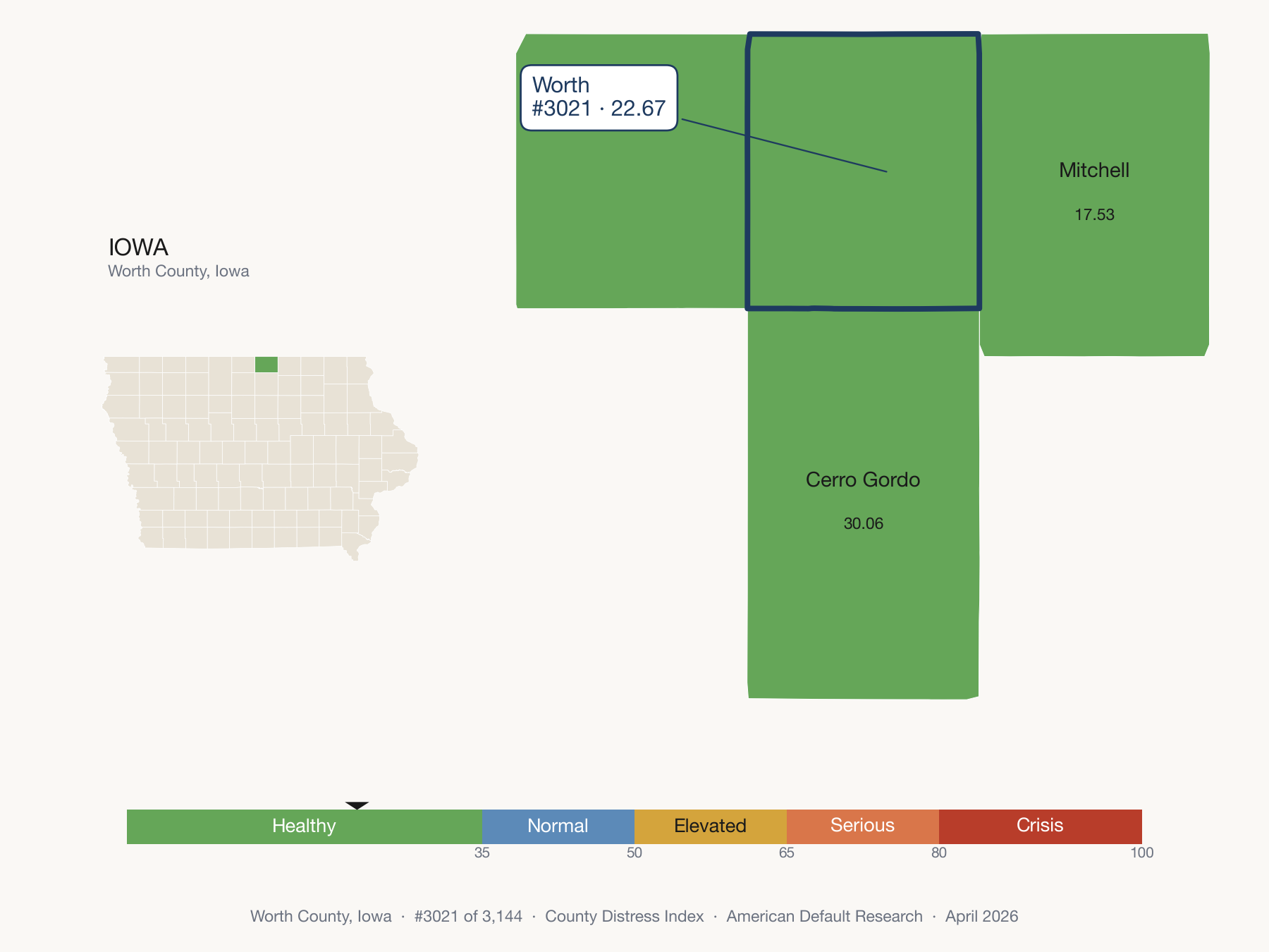 County Distress Index cluster map. Worth County, Iowa and its neighbors colored by distress fifth.