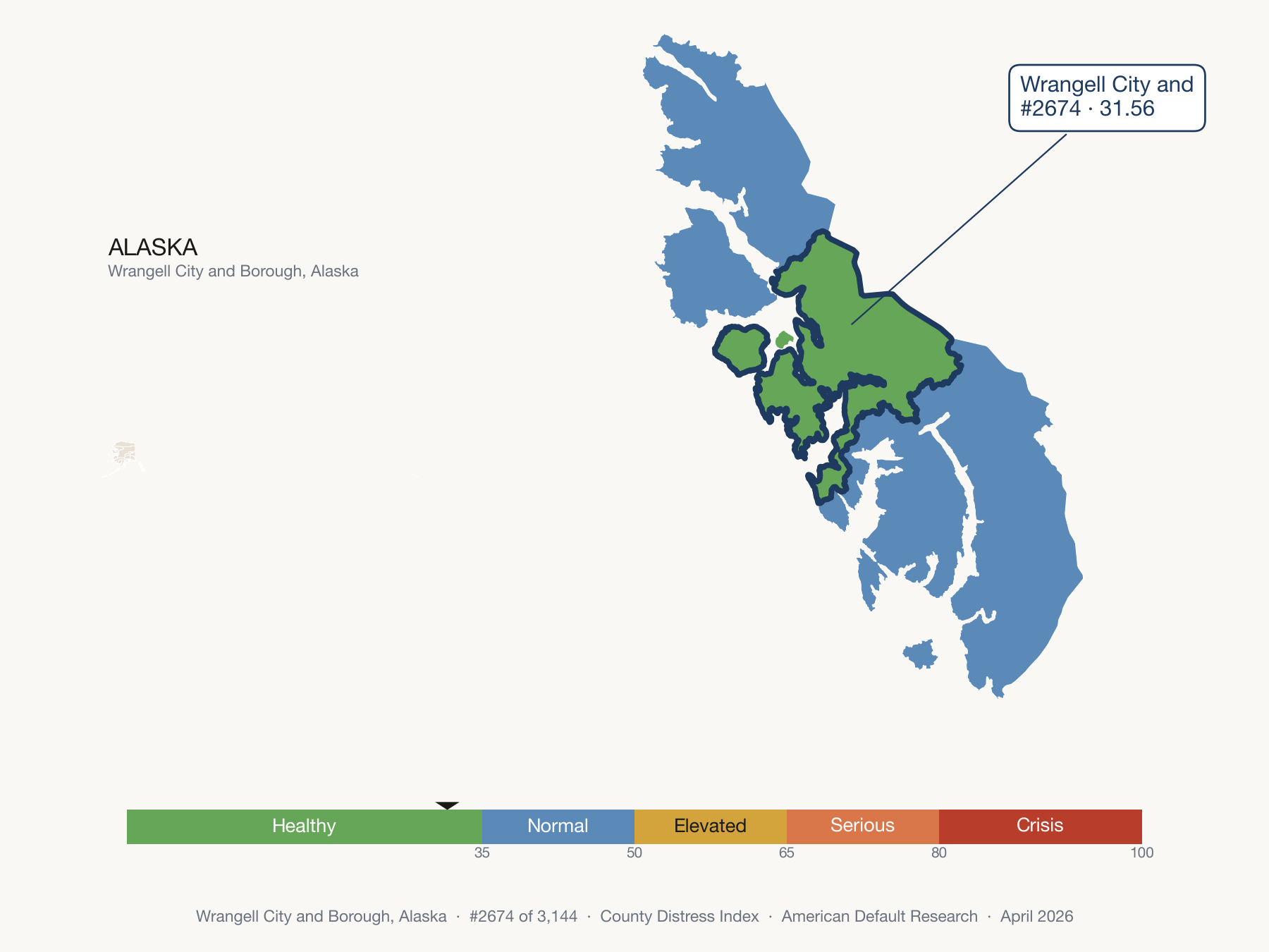 County Distress Index cluster map. Wrangell City and Borough, Alaska and its neighbors colored by distress fifth.