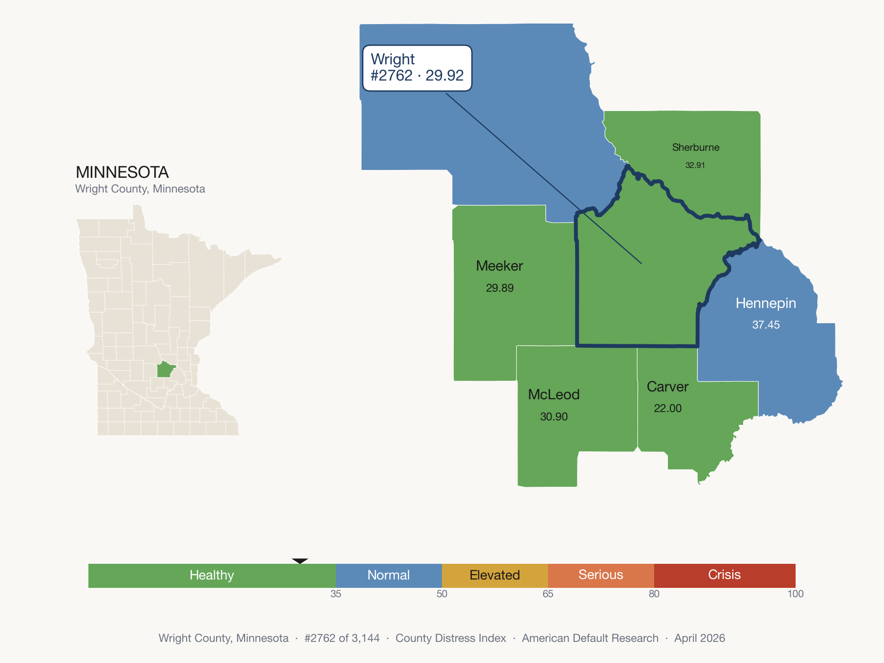 County Distress Index cluster map. Wright County, Minnesota and its neighbors colored by distress fifth.