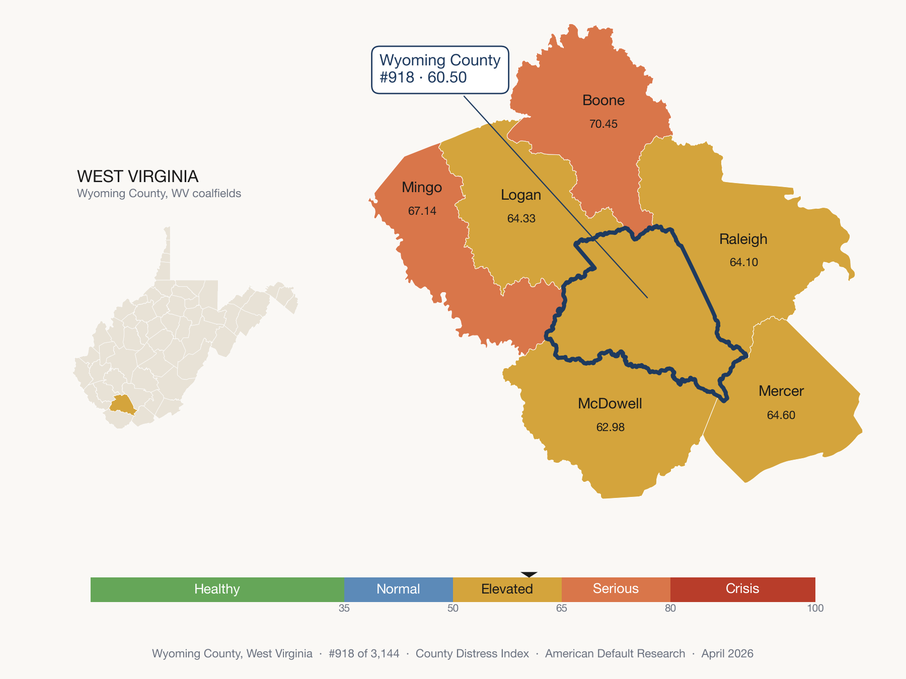 County Distress Index cluster map. Wyoming County, West Virginia and its neighbors colored by distress fifth.