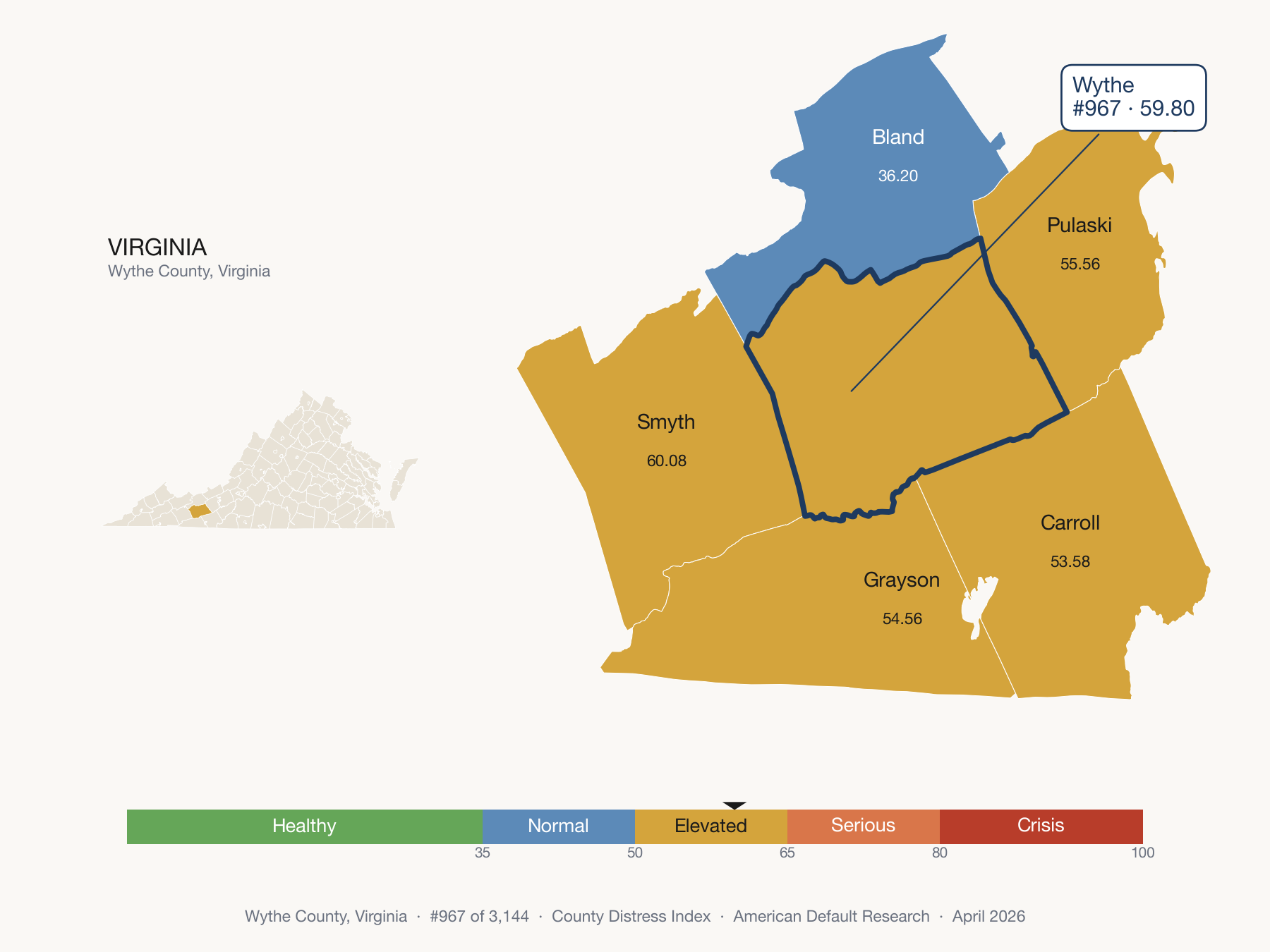 County Distress Index cluster map. Wythe County, Virginia and its neighbors colored by distress fifth.