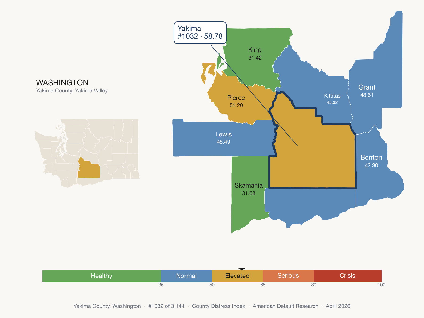 County Distress Index cluster map. Yakima County, Washington and its neighbors colored by distress fifth.