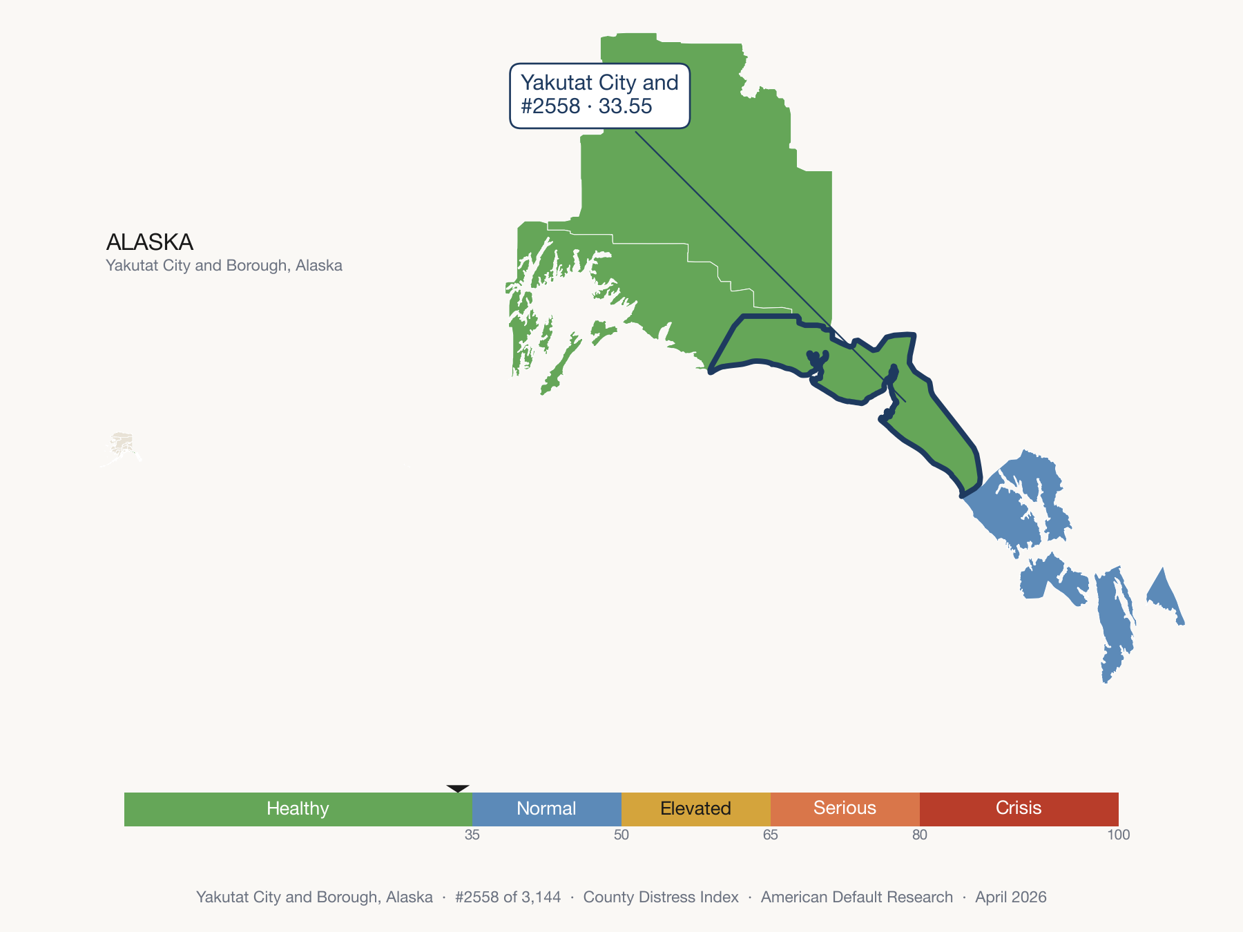 County Distress Index cluster map. Yakutat City and Borough, Alaska and its neighbors colored by distress fifth.
