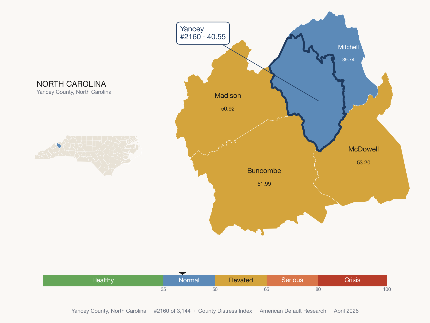 County Distress Index cluster map. Yancey County, North Carolina and its neighbors colored by distress fifth.