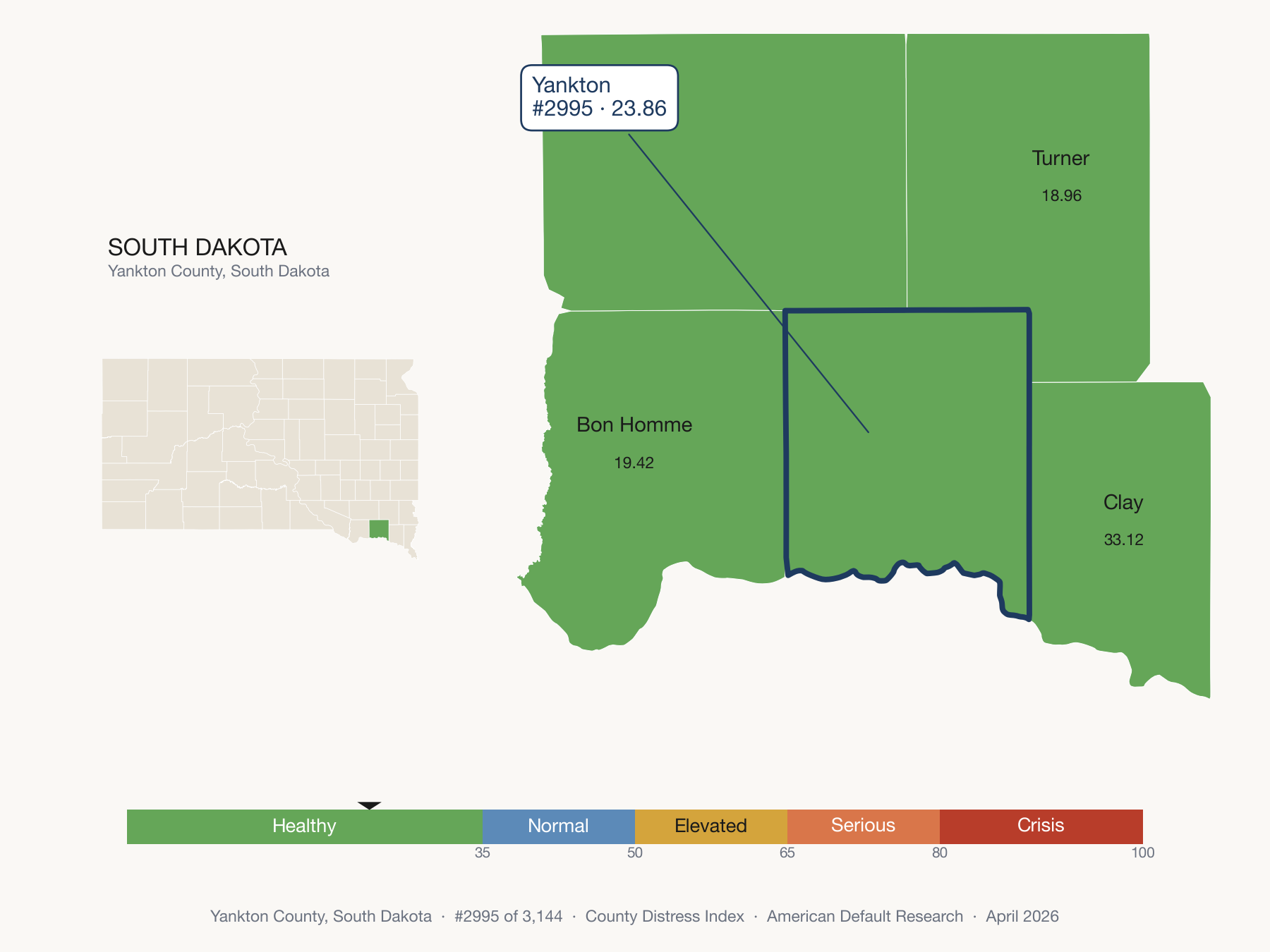 County Distress Index cluster map. Yankton County, South Dakota and its neighbors colored by distress fifth.