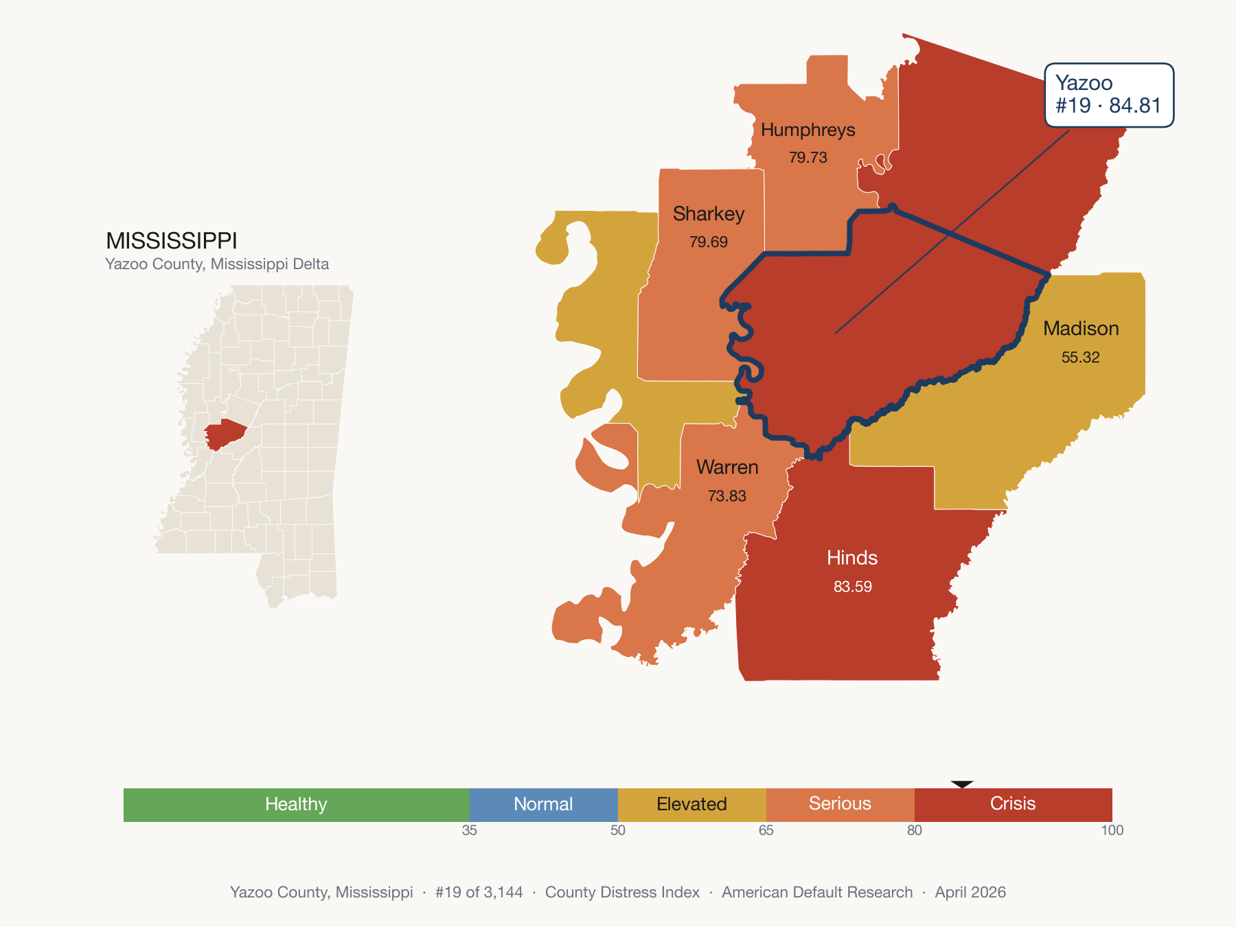 County Distress Index cluster map. Yazoo County, Mississippi and its neighbors colored by distress fifth.