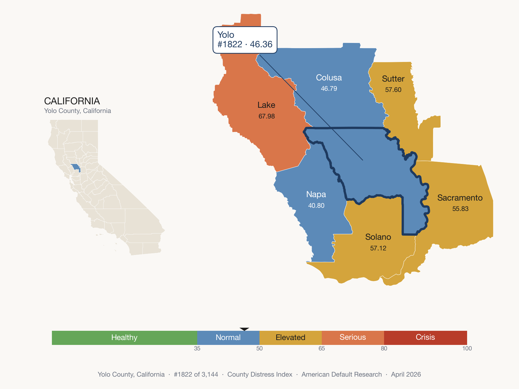 County Distress Index cluster map. Yolo County, California and its neighbors colored by distress fifth.