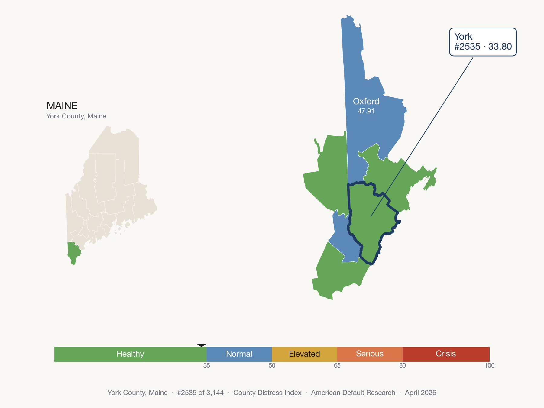 County Distress Index cluster map. York County, Maine and its neighbors colored by distress fifth.