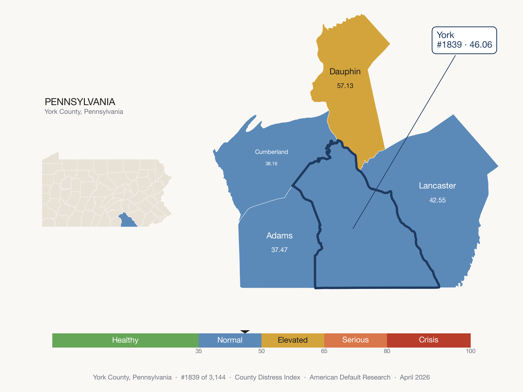 County Distress Index cluster map. York County, Pennsylvania and its neighbors colored by distress fifth.