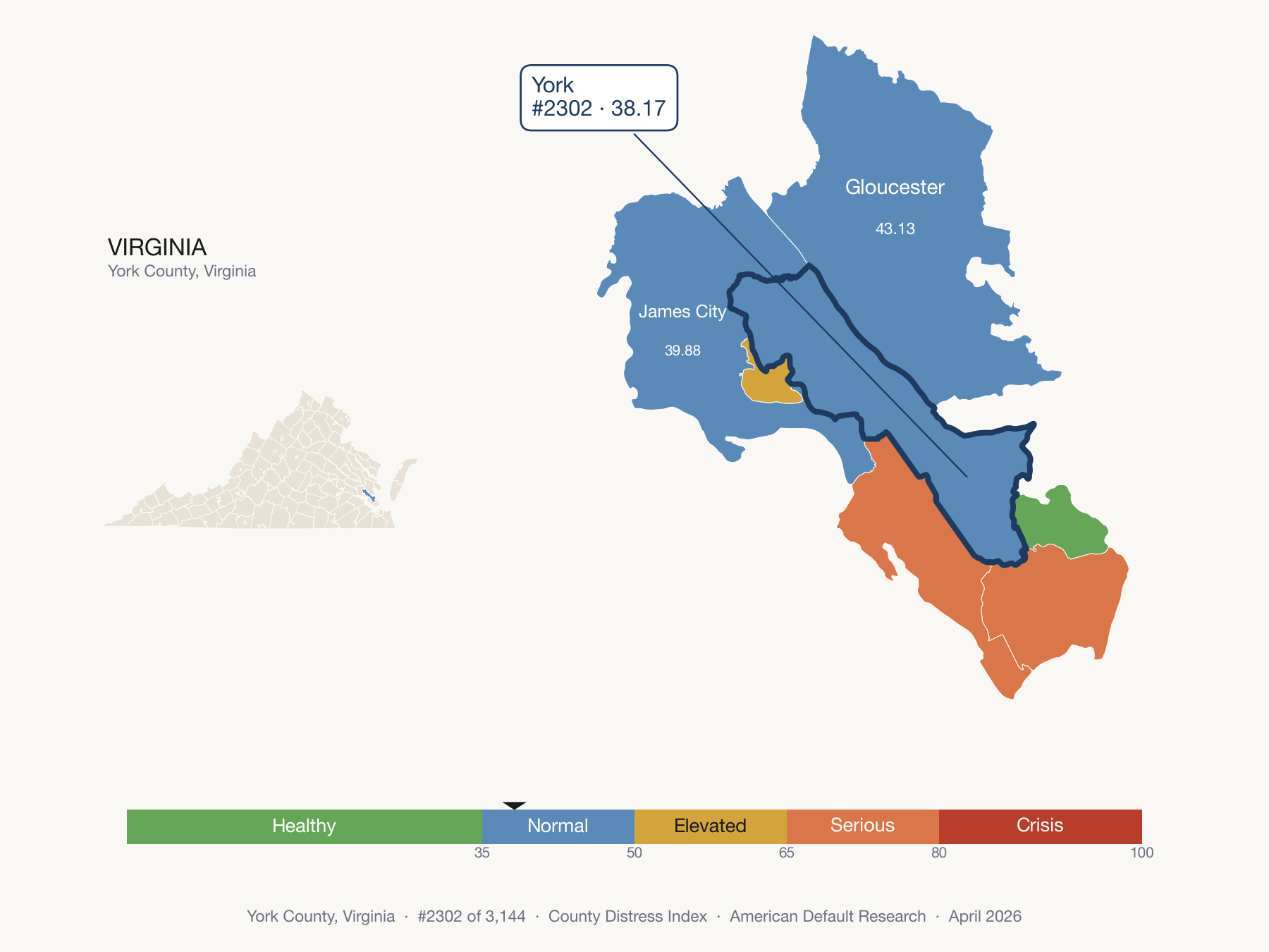County Distress Index cluster map. York County, Virginia and its neighbors colored by distress fifth.