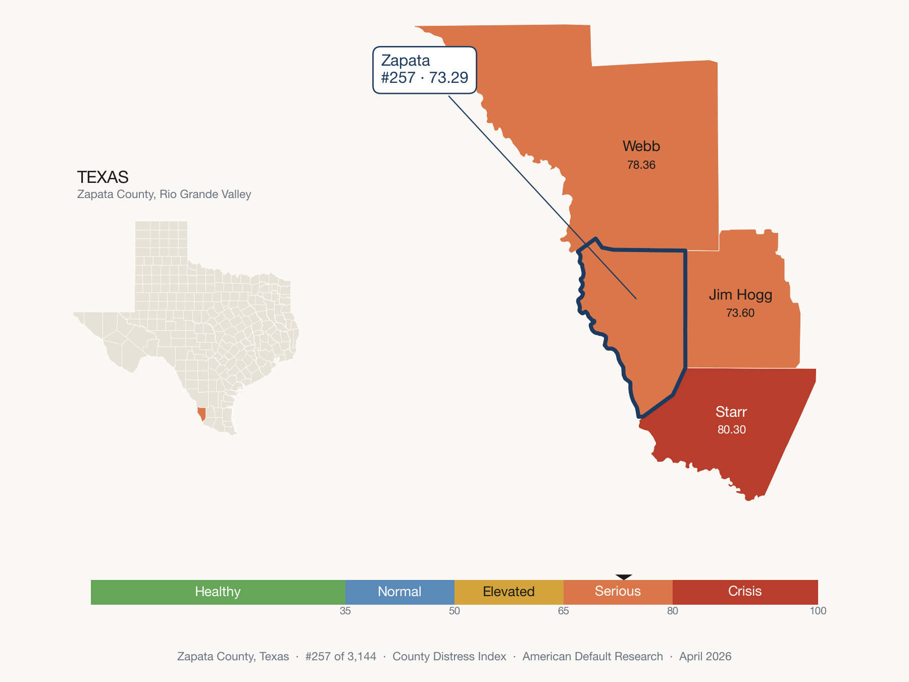 County Distress Index cluster map. Zapata County, Texas and its neighbors colored by distress fifth.