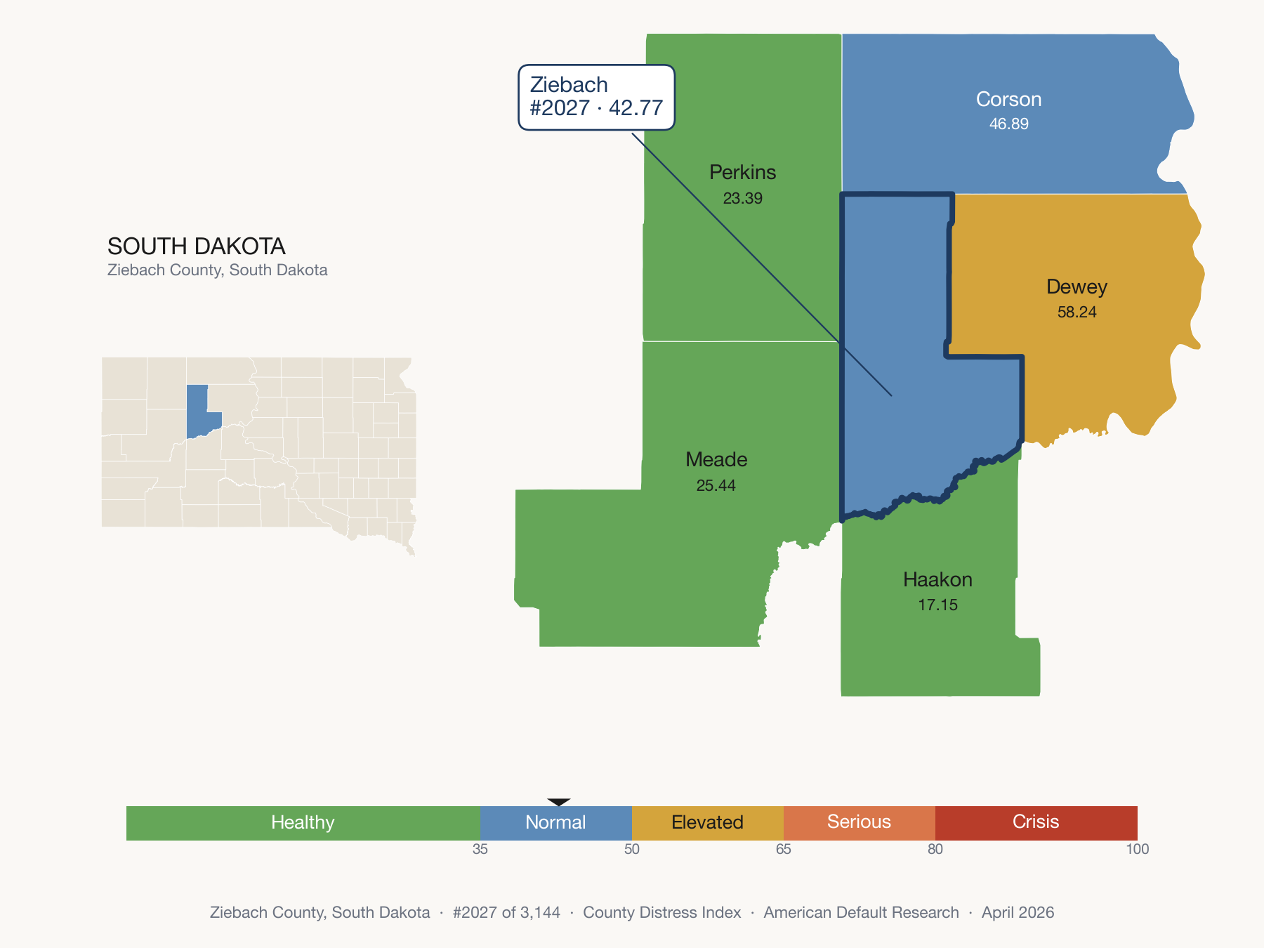 County Distress Index cluster map. Ziebach County, South Dakota and its neighbors colored by distress fifth.